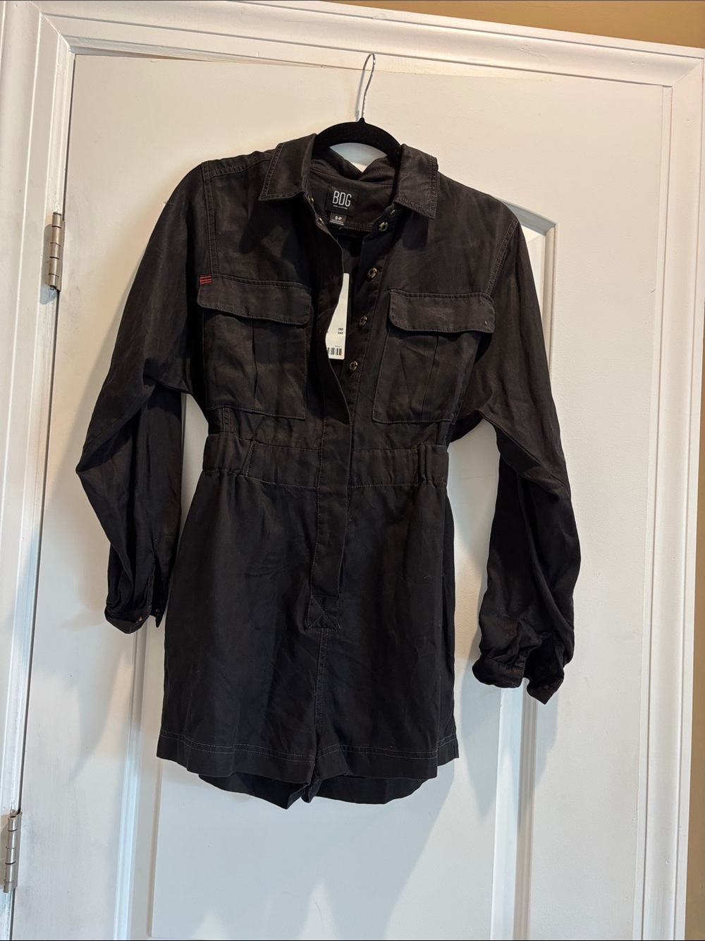 BDG Black Utility Romper with Chest Pockets and Snaps Small